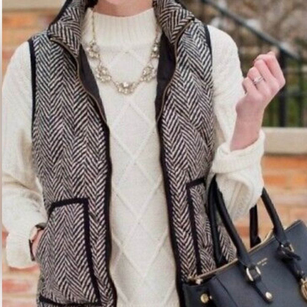 J Crew Excursion Quilted Puffer Vest Black Ivory Herringbone